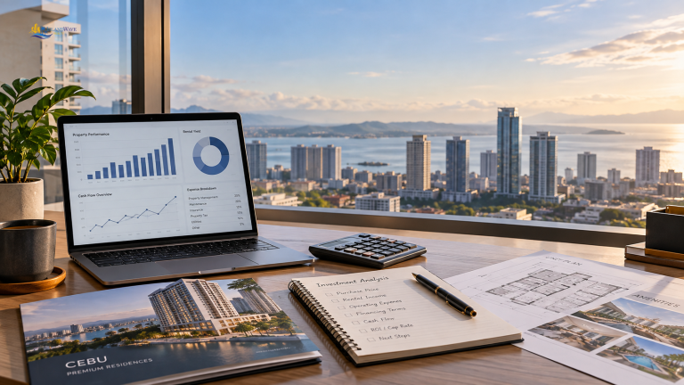 Property investment analysis with rental calculations, floor plans, and Cebu real estate